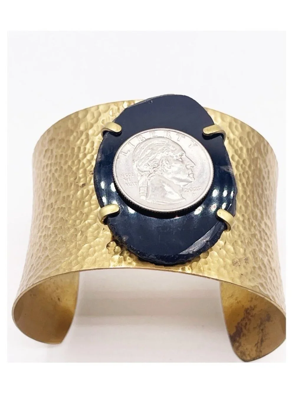 Hammered Brass Black Onyx 2” Wide Cuff Bracelet Artisan Boho Statement Chunky